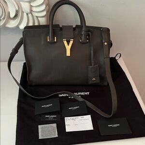Saint Laurent YSL Sac Ligne Y in Charcoal Leather